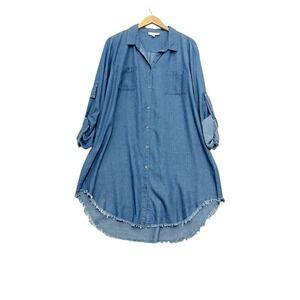 Umgee Shirt Dress 1X Chambray Frayed Medium Wash Long Sleeve Prairie Country